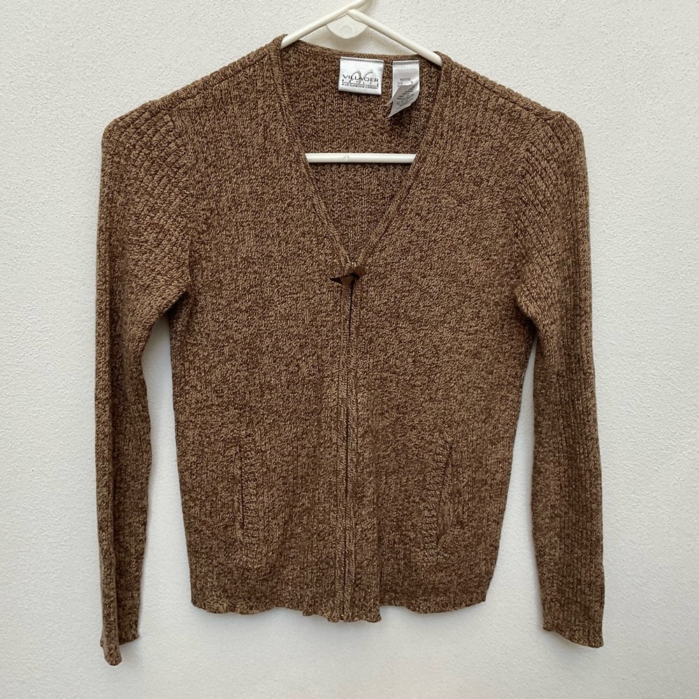 Liz Claiborne Villager Petite Brown, Tan Heather Knit Full Zip Sweater Size S